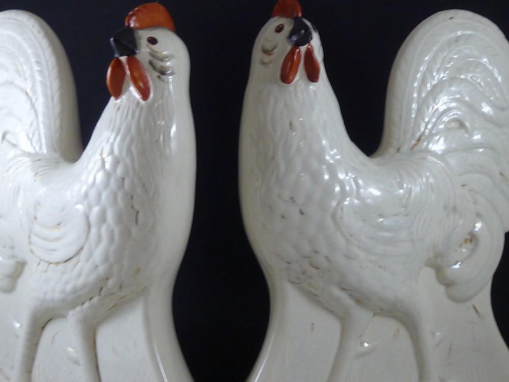 Pair Victorian Scottish Pottery Hens Chickens Cockerels Staffordshire Cocks View VI