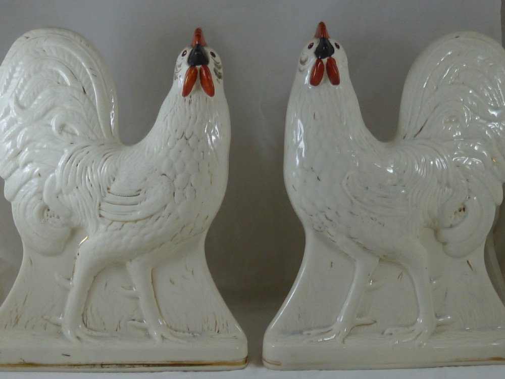 Pair Victorian Scottish Pottery Hens Chickens Cockerels Staffordshire Cocks View VII
