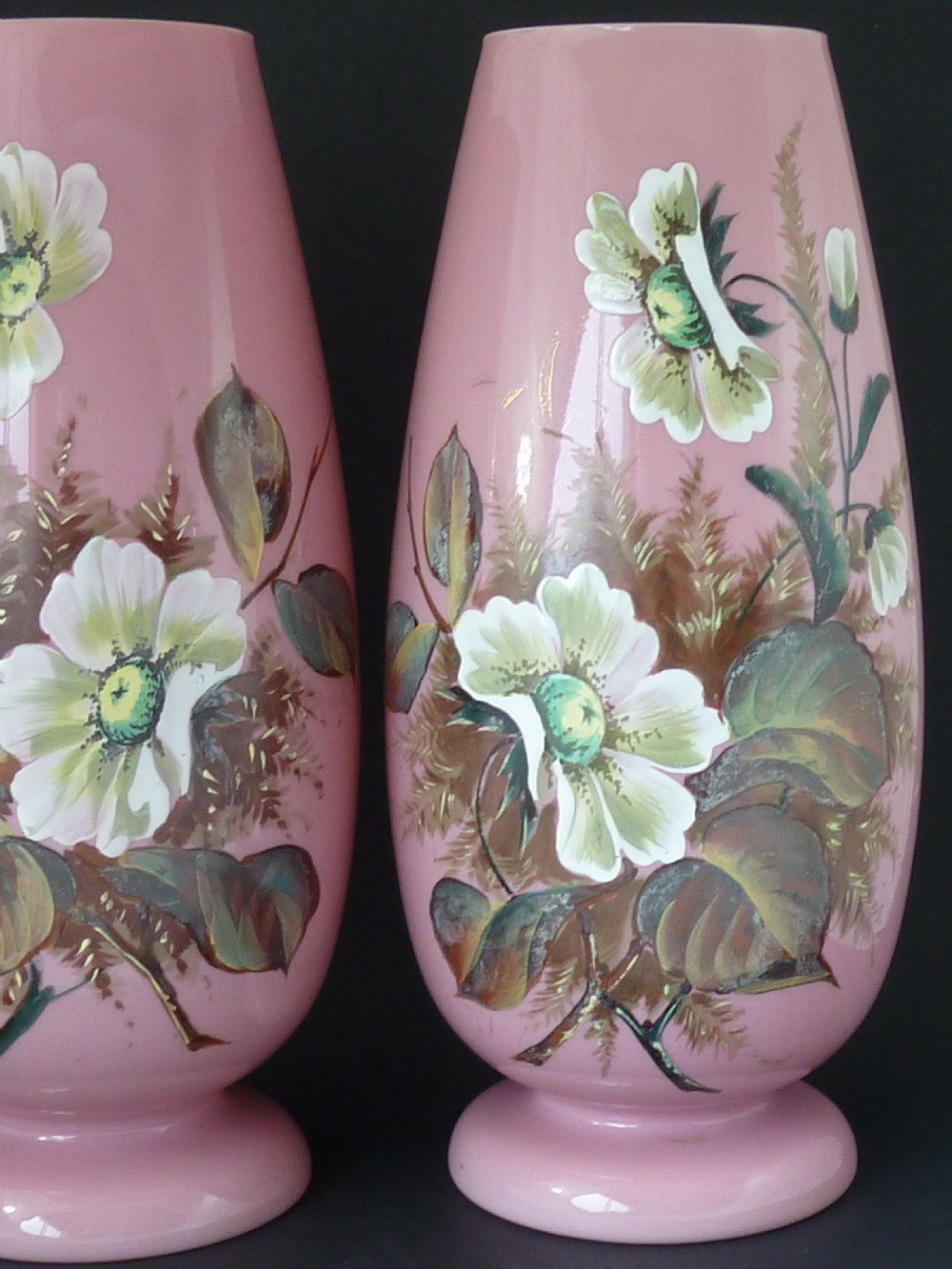 Pair Large Pink Victorian Bohemian Harrach Opaline Glass Vases Enamel Painted Floral View II