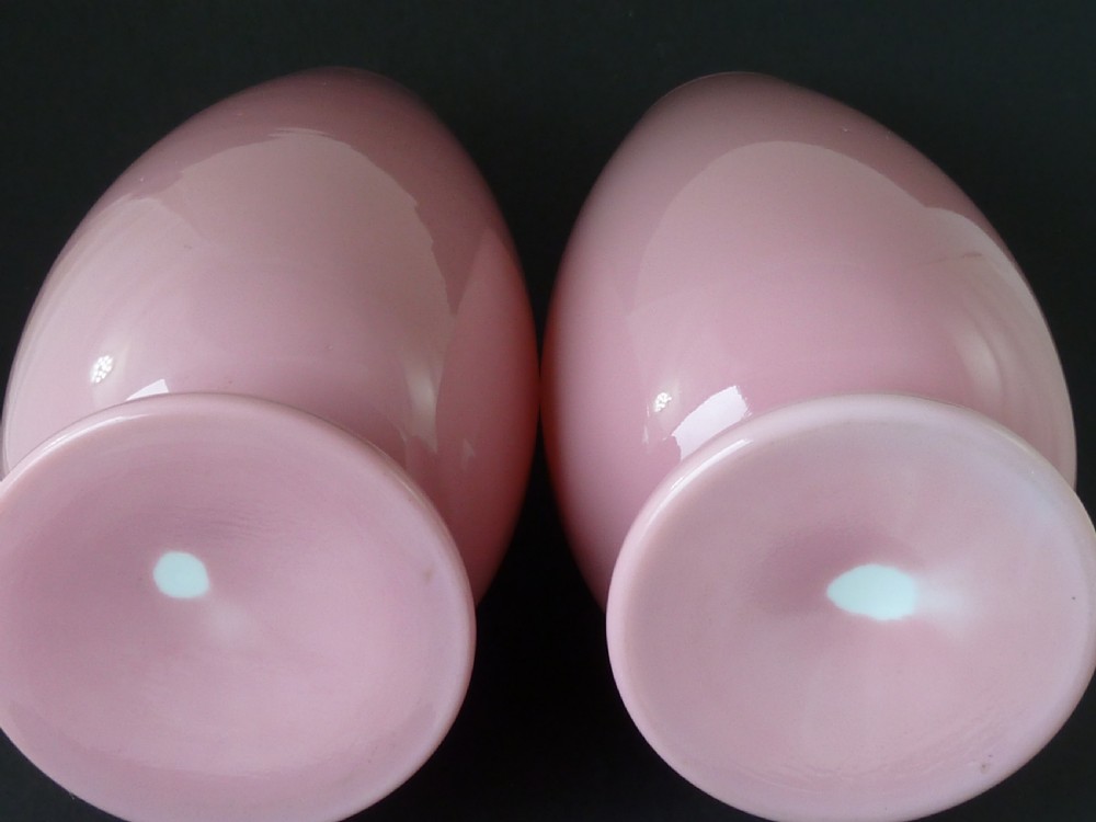 Pair Large Pink Victorian Bohemian Harrach Opaline Glass Vases Enamel Painted Floral View III
