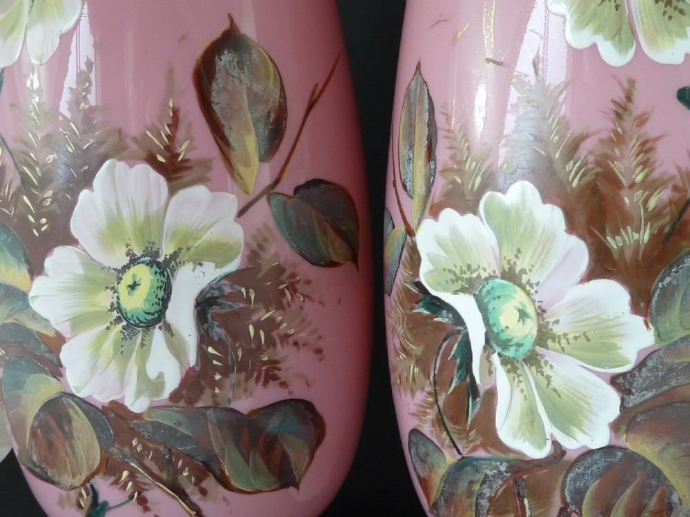 Pair Large Pink Victorian Bohemian Harrach Opaline Glass Vases Enamel Painted Floral View IV