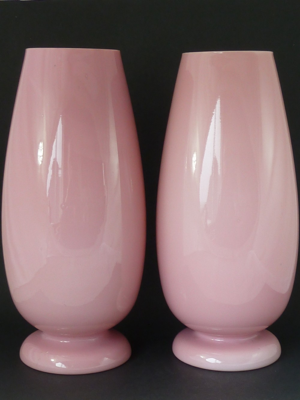 Pair Large Pink Victorian Bohemian Harrach Opaline Glass Vases Enamel Painted Floral View V