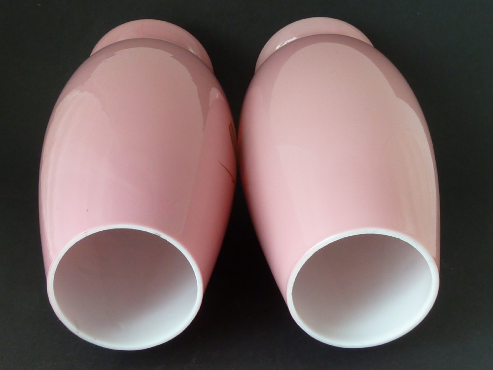 Pair Large Pink Victorian Bohemian Harrach Opaline Glass Vases Enamel Painted Floral View VI