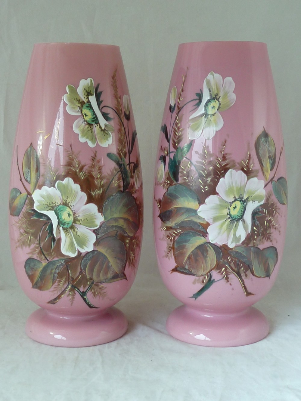 Pair Large Pink Victorian Bohemian Harrach Opaline Glass Vases Enamel Painted Floral View VII