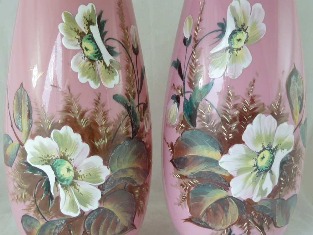 Pair Large Pink Victorian Bohemian Harrach Opaline Glass Vases Enamel Painted Floral View VIII