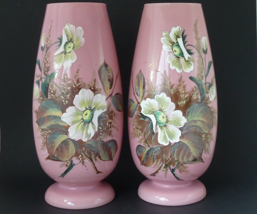Pair Large Pink Victorian Bohemian Harrach Opaline Glass Vases Enamel Painted Floral