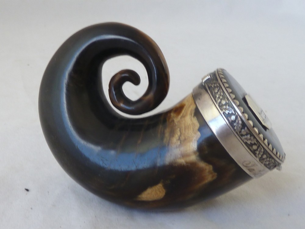 1825 Scottish Horn Snuff Mull Hinged Silver Lid Box McCormick Dated Georgian