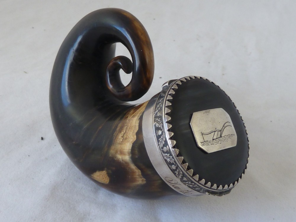 1825 Scottish Horn Snuff Mull Hinged Silver Lid Box McCormick Dated Georgian View II