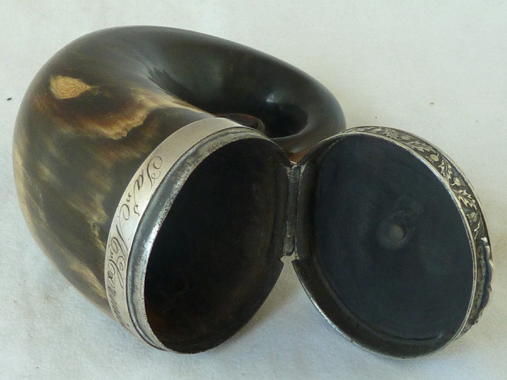 1825 Scottish Horn Snuff Mull Hinged Silver Lid Box McCormick Dated Georgian View VI