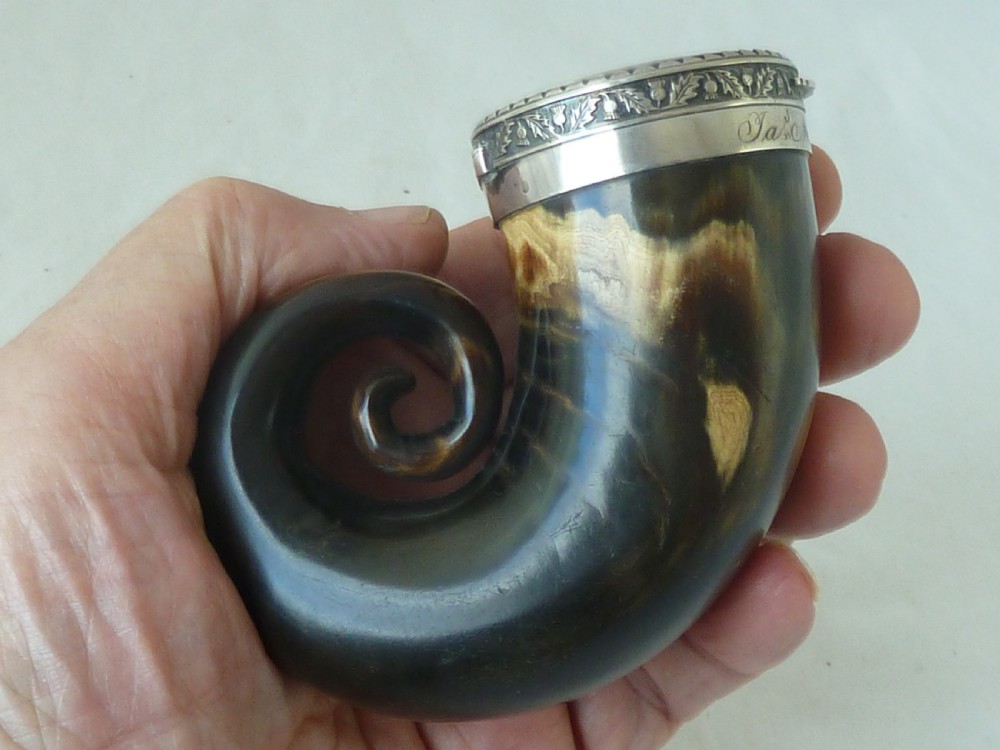 1825 Scottish Horn Snuff Mull Hinged Silver Lid Box McCormick Dated Georgian View VII