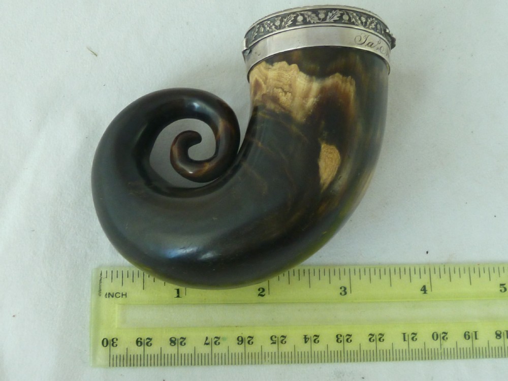 1825 Scottish Horn Snuff Mull Hinged Silver Lid Box McCormick Dated Georgian View VIII