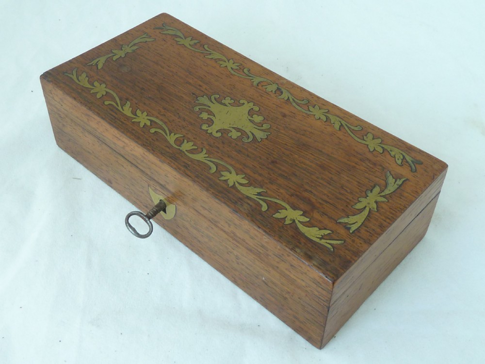 Brass Inlaid Rosewood Writing Box Inkwell Glass Screw Top Dip Pen Inkstand Regency  View III