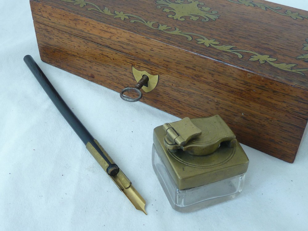 Brass Inlaid Rosewood Writing Box Inkwell Glass Screw Top Dip Pen Inkstand Regency  View V
