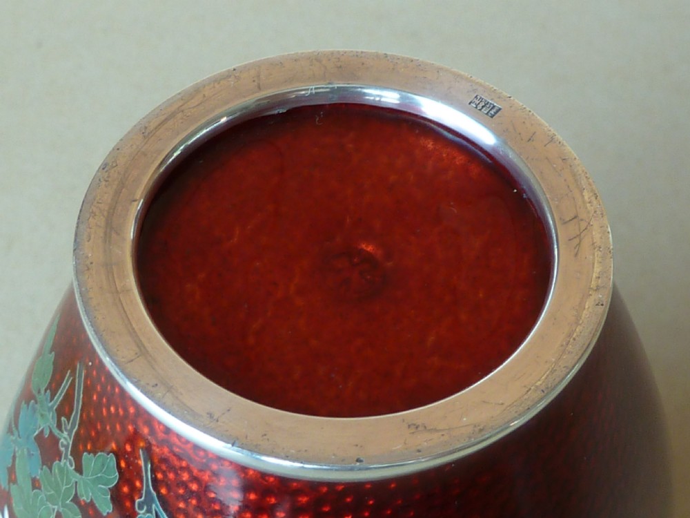 A crimson red translucent enamel vase decorated with silver wire chrysanthemums and silver rims. View VIII