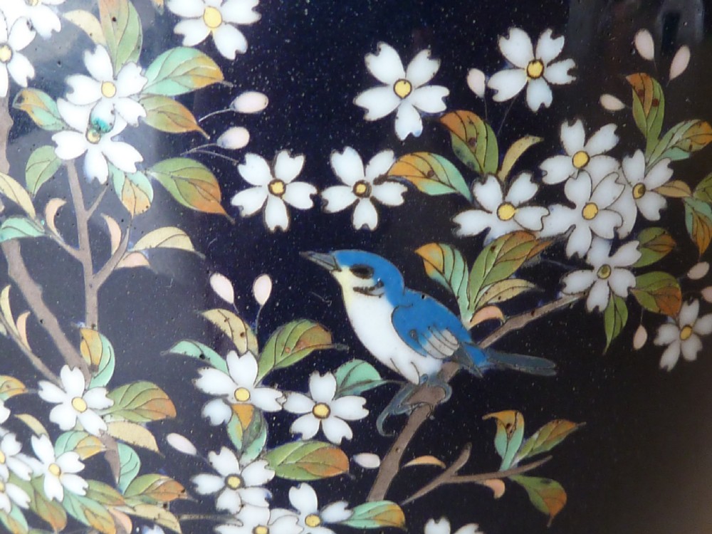 A black Japanese cloisonne enamel vase decorated with silver wire depicting white blossoms, foliage, and birds, finished with silver rim and foot rim. View III