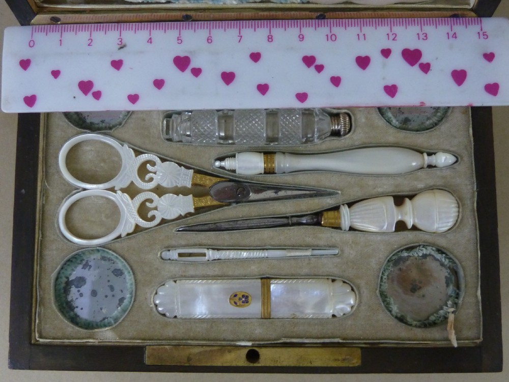Palais Royal MOP Shell Scissors Needle Sewing Musical Box French Etui Mother of Pearl Antique View II