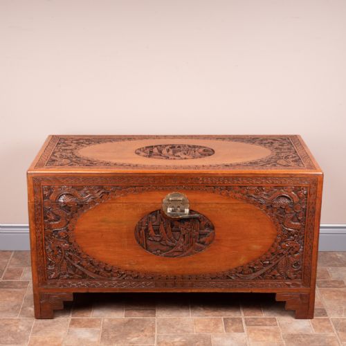 carved oriental camphorwood lined trunk - CATEGORY: ANTIQUE CHESTS - DATED 1920