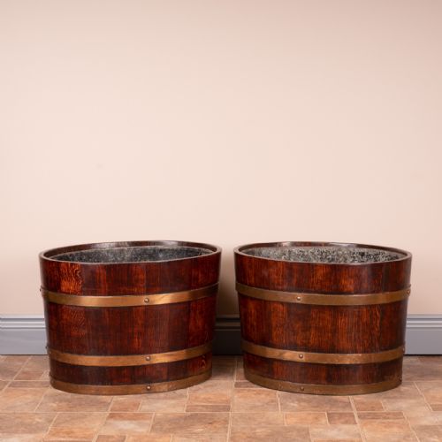 PAIR OF LARGE OVAL OAK BRASS BOUND LOG BUCKETS - ADDITIONAL PHOTO 1