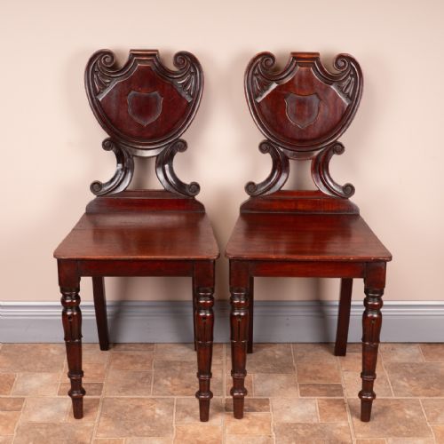 pair of 19thc mahogany hall chairs - CATEGORY: ANTIQUE CHAIRS - DATED 19TH CENTURY