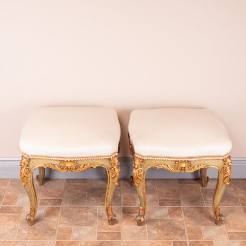 DECORATIVE PAIR OF PAINTED AND GILDED CONTINENTAL 19THC STOOLS - ADDITIONAL PHOTO 1