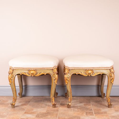 DECORATIVE PAIR OF PAINTED AND GILDED CONTINENTAL 19THC STOOLS - ADDITIONAL PHOTO 2