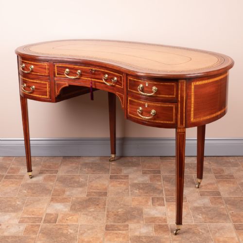 good quality edwardian inlaid mahogany kidney shaped writing table - CATEGORY: ANTIQUE DESKS - DATED EDWARDIAN