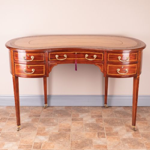 GOOD QUALITY EDWARDIAN INLAID MAHOGANY KIDNEY SHAPED WRITING TABLE - ADDITIONAL PHOTO 1