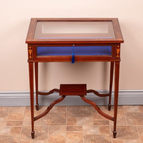 edwardian marquetry inlaid mahogany bijouterie display table - CATEGORY: ANTIQUE TABLES - DATED EDWARDIAN