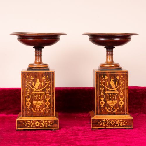 PAIR OF INLAID ROSEWOOD TAZZAS ON STANDS - ADDITIONAL PHOTO 1