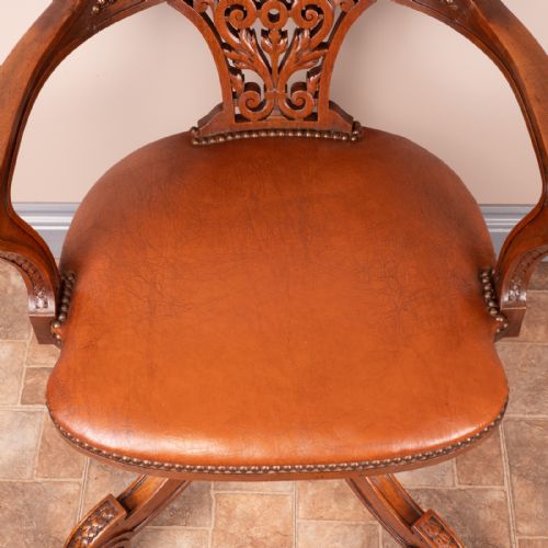 GOOD QUALITY CARVED WALNUT REVOLVING OFFICE DESK CHAIR - ADDITIONAL PHOTO 2