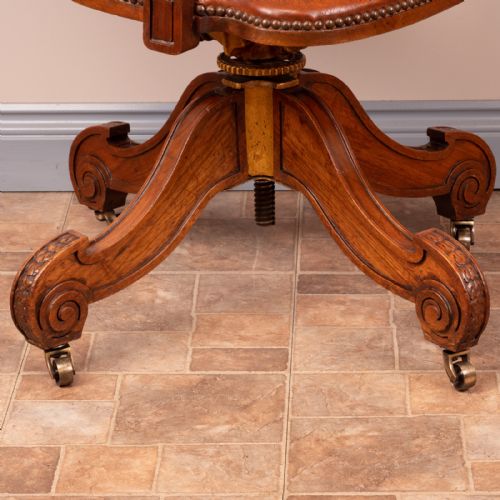 GOOD QUALITY CARVED WALNUT REVOLVING OFFICE DESK CHAIR - ADDITIONAL PHOTO 5
