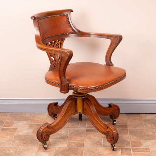 GOOD QUALITY CARVED WALNUT REVOLVING OFFICE DESK CHAIR - ADDITIONAL PHOTO 6