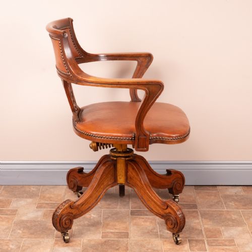 GOOD QUALITY CARVED WALNUT REVOLVING OFFICE DESK CHAIR - ADDITIONAL PHOTO 7