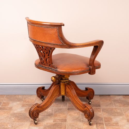 GOOD QUALITY CARVED WALNUT REVOLVING OFFICE DESK CHAIR - ADDITIONAL PHOTO 8