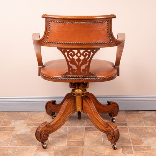 GOOD QUALITY CARVED WALNUT REVOLVING OFFICE DESK CHAIR - ADDITIONAL PHOTO 9