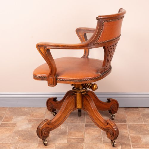 GOOD QUALITY CARVED WALNUT REVOLVING OFFICE DESK CHAIR - ADDITIONAL PHOTO 10
