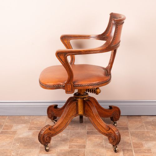GOOD QUALITY CARVED WALNUT REVOLVING OFFICE DESK CHAIR - ADDITIONAL PHOTO 11