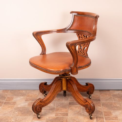 GOOD QUALITY CARVED WALNUT REVOLVING OFFICE DESK CHAIR - ADDITIONAL PHOTO 12