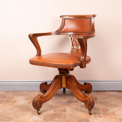 GOOD QUALITY CARVED WALNUT REVOLVING OFFICE DESK CHAIR - ADDITIONAL PHOTO 13