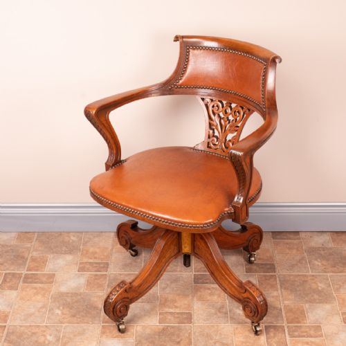 GOOD QUALITY CARVED WALNUT REVOLVING OFFICE DESK CHAIR - ADDITIONAL PHOTO 14