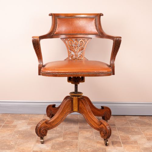 GOOD QUALITY CARVED WALNUT REVOLVING OFFICE DESK CHAIR - ADDITIONAL PHOTO 16