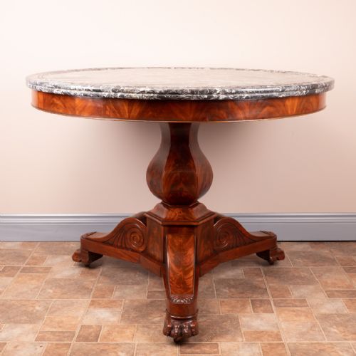 19thc french mahogany gueridon marble topped table - CATEGORY: ANTIQUE TABLES - DATED 19TH CENTURY
