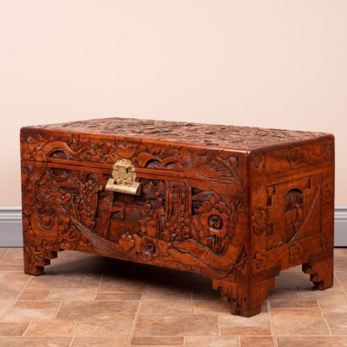 profusely carved oriental camphorwood lined trunk - CATEGORY: ANTIQUE CHESTS - DATED 1930