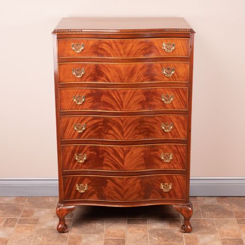 serpentine fronted tall mahogany chest of drawers - CATEGORY: ANTIQUE CHEST OF DRAWERS - DATED 1930
