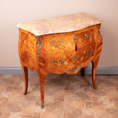 french marquetry bombe commode chest of drawers - CATEGORY: ANTIQUE CHEST OF DRAWERS - DATED 1920