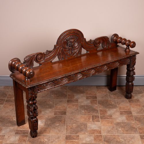 VICTORIAN CARVED OAK HALL BENCH - ADDITIONAL PHOTO 3