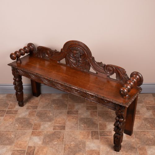 VICTORIAN CARVED OAK HALL BENCH - ADDITIONAL PHOTO 6