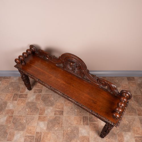 VICTORIAN CARVED OAK HALL BENCH - ADDITIONAL PHOTO 8