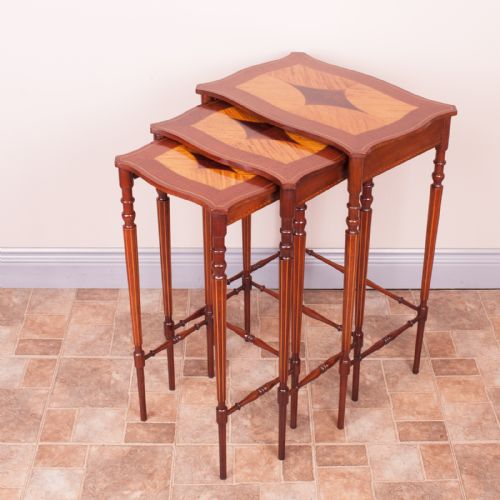 GOOD QUALITY INLAID MAHOGANY NEST OF THREE TABLES