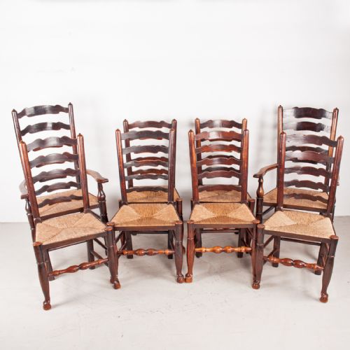 SET OF 8 62 19THC FARMHOUSE RUSH SEATED LADDERBACK CHAIRS